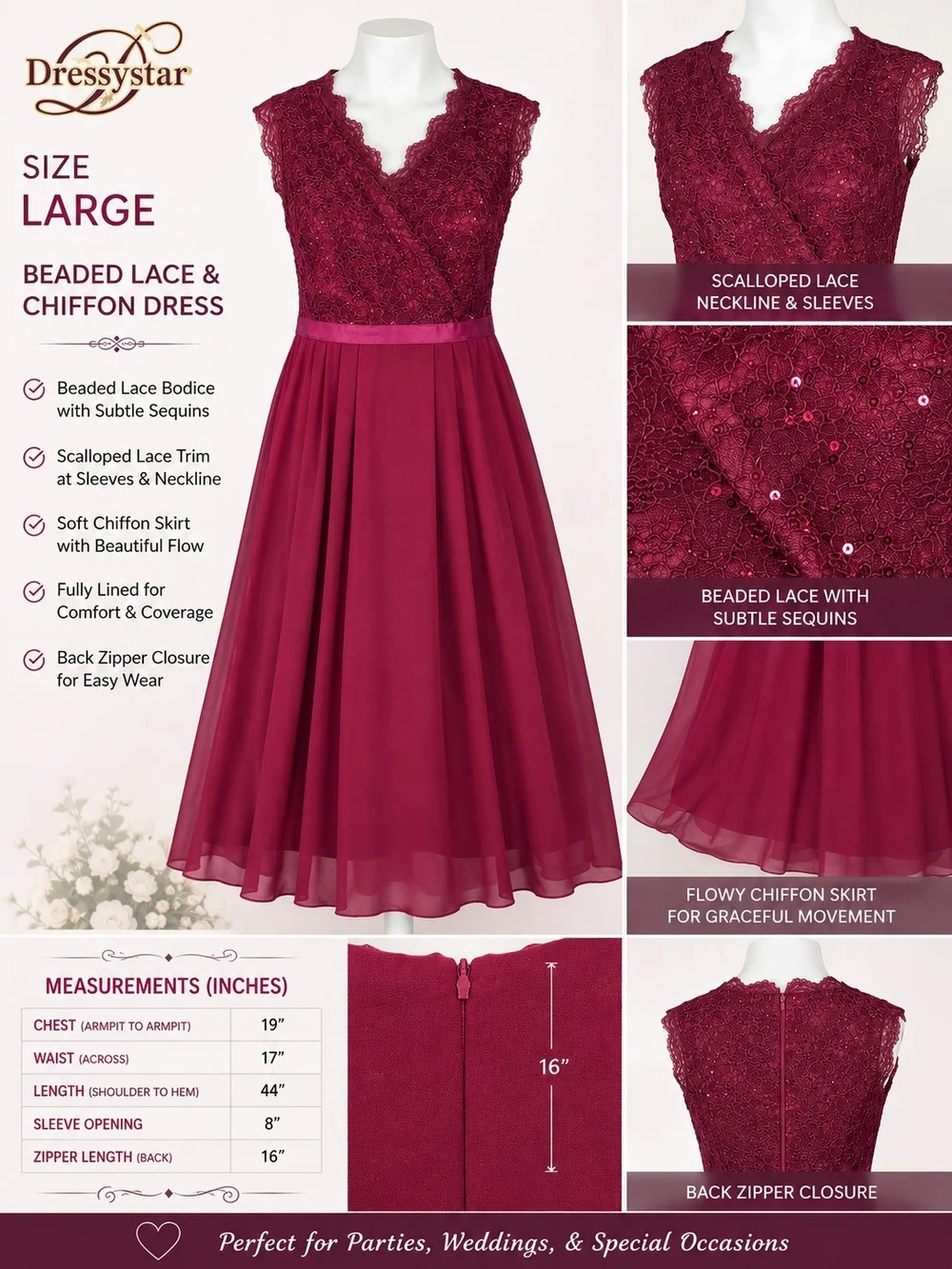 Dressystar Burgundy Beaded Lace & Chiffon Midi Dress - Large NWT